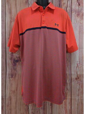 Under Armour Mens HeatGear Orange/Blue Striped Polo 2XL Loose Fit